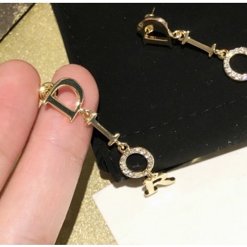 2021 New Style Christian Dior Dangle Logo Diamonds Pendant Women Yellow Gold Plated Long Tassel Earrings Replica