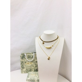 Best Price Christian Dior Lucky Square Pendants Logo Charm Womens Fashion Brass Star Faux Multi-chain Necklace