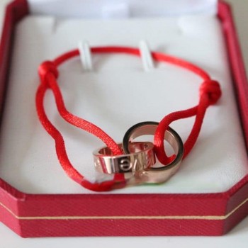 Cartier Double Ring Love Bracelet Pink Gold Red Rope