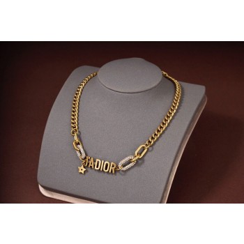 Celebrity Same Christian Dior Classic Antique Brass JADIOR Motif Paved Diamonds Circle Thick Chain Necklace For Ladies