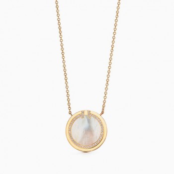 Womens Latest Style Tiffany Double T Diamonds Circle Mother-Of-Pearl Pendant Silver Necklace
