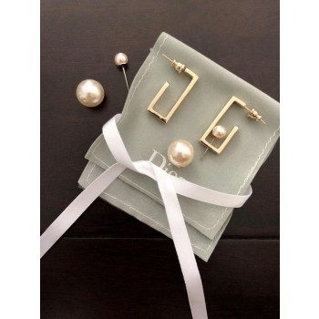 Christian Dior Simple Style Womens White Pearl Pendant Yellow Gold Rectangle Framed Earrings In Dubai