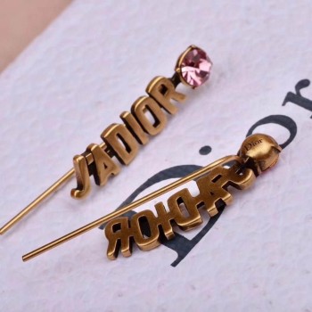 Dior JAdior Boucles Doreilles Pink Crystal Retro Brass Logo Motif Ladies Clip Earrings For Sale