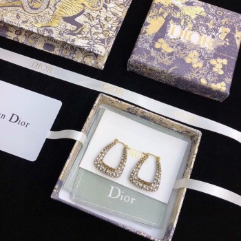 Dior Morden Style JADIOR Paved White Crystal Logo Detail Aged Gold Hoop Earrings E1440ADRCY_D908 Women Fashion Jewellery