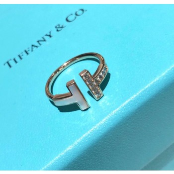 Womens Tiffany T Mother Of Pearl Rose Gold Double T Diamonds Wire Ring 6/7/8 US