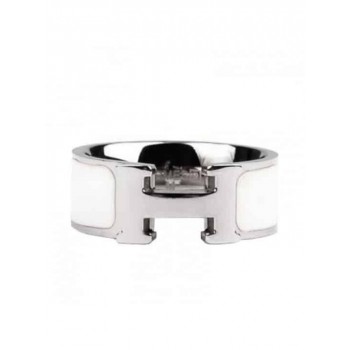 Hermes Enamel Clic H Ring in 18kt White Gold with White