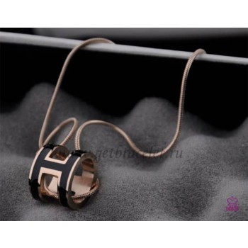 Hermes 3D Pop H logo Snake Bone Black Necklace in Pink Gold