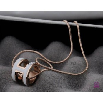 Hermes 3D Pop H logo Snake Bone White Necklace in Pink Gold
