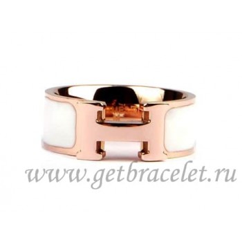 Hermes Enamel Clic H Ring in 18kt Pink Gold with White