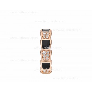 Medium Serpenti Viper 18k Rose Gold Ring with Onyx Elements and Pave Diamonds
