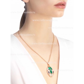 Serpenti Necklace 18K Rose Gold with Blue Sapphire Eyes Malachite Elements and Pave Diamonds on the Pendant