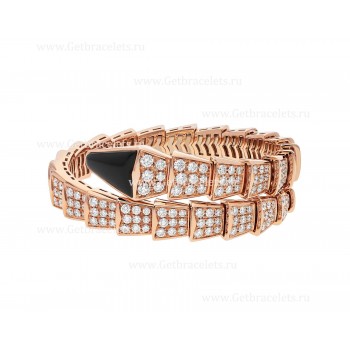 Serpenti Viper One-Coil Bracelet in 18K Rose Gold set with Full Pave Diamonds and an Onyx Element on the Head