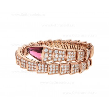 Serpenti Viper One-coil Bracelet in 18K Rose Gold With Full Pave Diamonds and a Rubellite on the Head