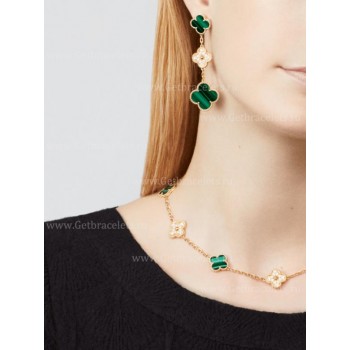 Replica Van Cleef Arpels Vintage Alhambra Necklace 10 Motifs Yellow Gold With Diamonds and Malachite