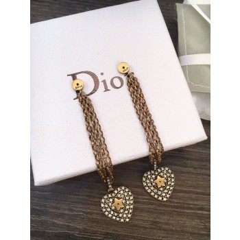 Retro Style Dior La Petite Tribale Heart Motif Paved Diamonds Link Tassel Female Brass Premium replica Drop Earrings Price List