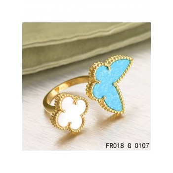 Van Cleef Arpels Luck Alhambra Between The Finger Ring Yellow Gold Turquoise With Mother Of Pearl