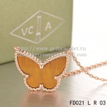 Van Cleef Arpels Lucky Alhambra Butterfly Pendant Pink Gold With Tigers Eye Mother Of Pearl