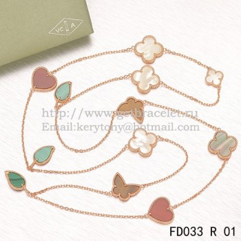 Van Cleef & Arpels Lucky Alhambra Long Necklace Pink Gold 12 Motifs Stone Combination