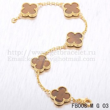 Van Cleef & Arpels Vintage Alhambra Bracelet 5 Motifs Yellow Gold With Tigers Eye Mother Of Pearl