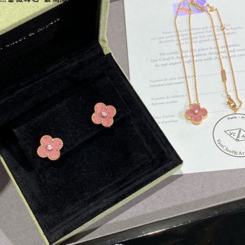 New Style VCA Vintage Alhambra Pendant and Earrings Champagne Gold With Diamond and Rhodonite For Best Gift Girls