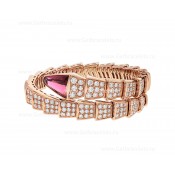 Serpenti Viper One-coil Bracelet in 18K Rose Gold With Full Pave Diamonds and a Rubellite on the Head
