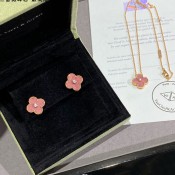 New Style VCA Vintage Alhambra Pendant and Earrings Champagne Gold With Diamond and Rhodonite For Best Gift Girls
