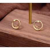 Womens Simple Style Christian Dior CD Logo Motif Single Crystal Yellow Gold Plated Circle Stud Earrings Fashion Jewellery