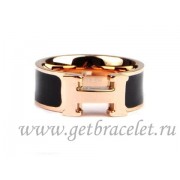 Hermes Enamel Clic H Ring in 18kt Pink Gold with Black