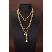 Hot Selling Christian Dior Females CD Navy Initial CD Logo White Pearl Pendants Yellow Gold Plated Multi-chain Necklace N1346CDNRS_D301