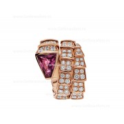 Serpenti Viper Twp-Coil Ring in 18K Rose Gold with Full Pave Diamonds and a Rubellite on the Head