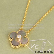 Van Cleef & Arpels Vintage Alhambra Pendant Yellow Gold With Gray Mother Of Pearl Round Diamonds