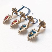 Womens Celebrity Style Dior Heart-shaped Pendant Pearl Edging Vintage Brass Bee Stud Earrings Red/Blue